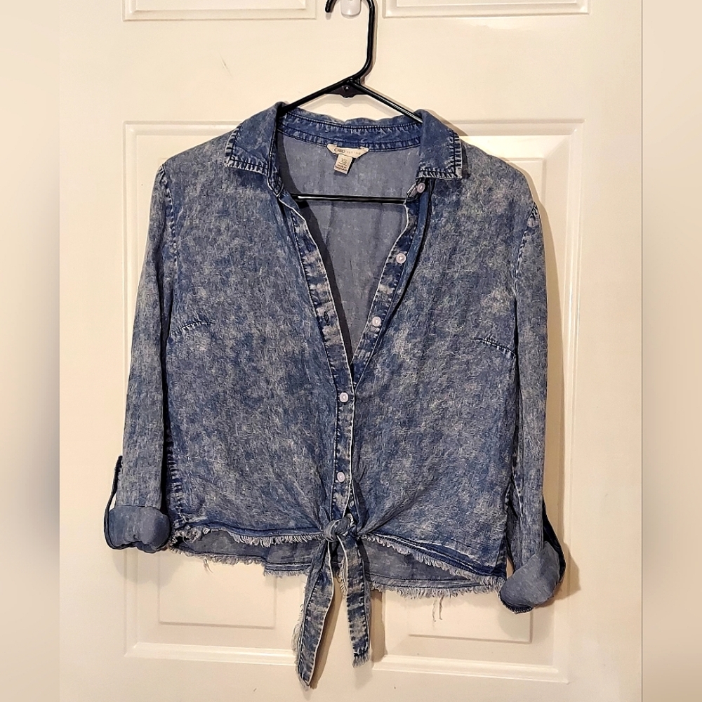 Cato Women's Blue Denim Snap Button Down Crop Tie Casual Loose Fitted Shirt